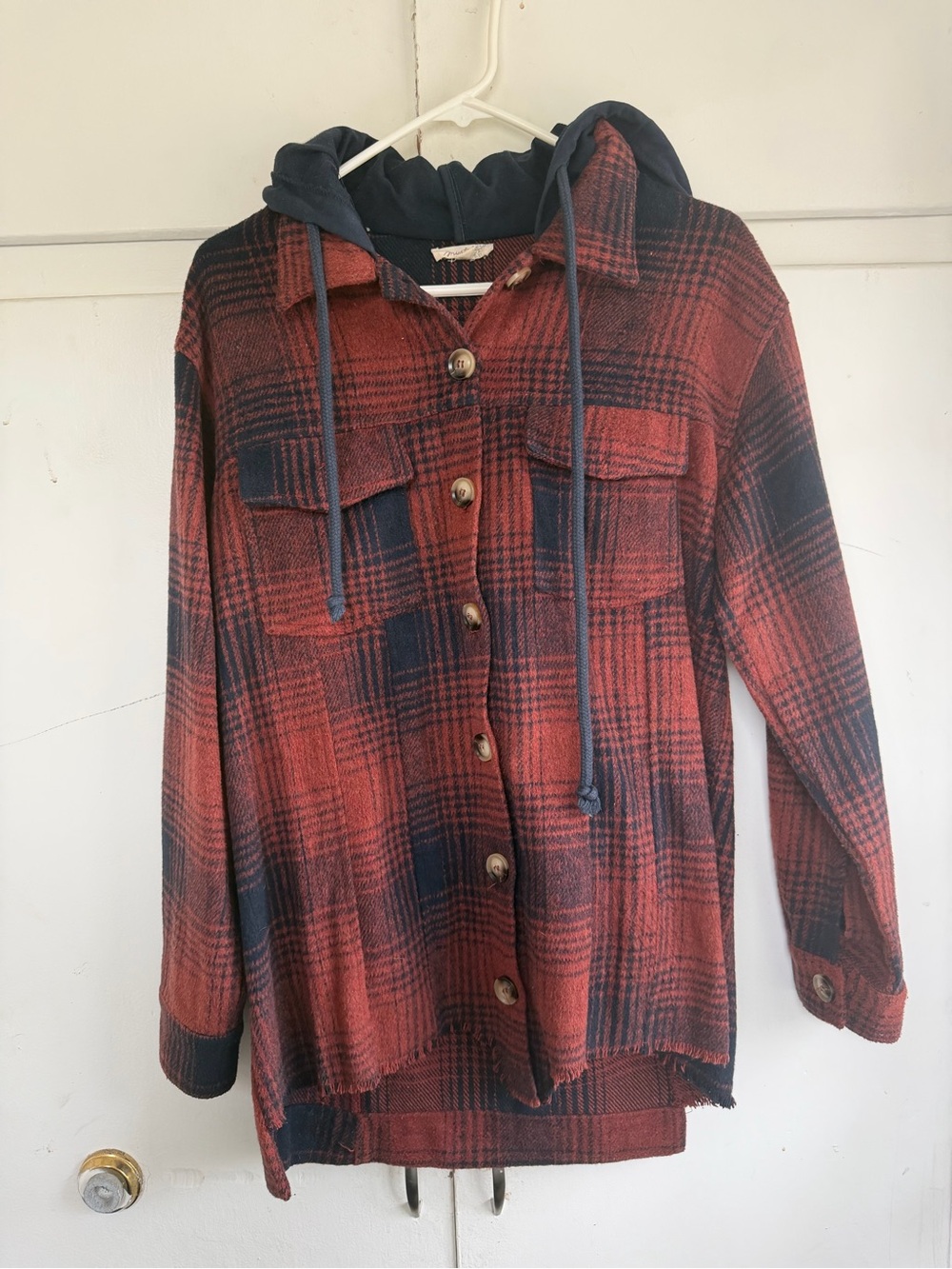 Women’s Red Plaid Hooded Button-Up Shacket